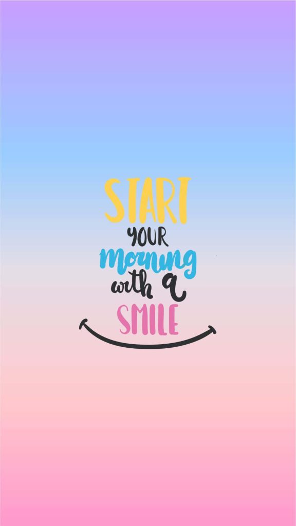 Minimalist motivational wallpaper with start your morning with a smile text on purple pink gradient background