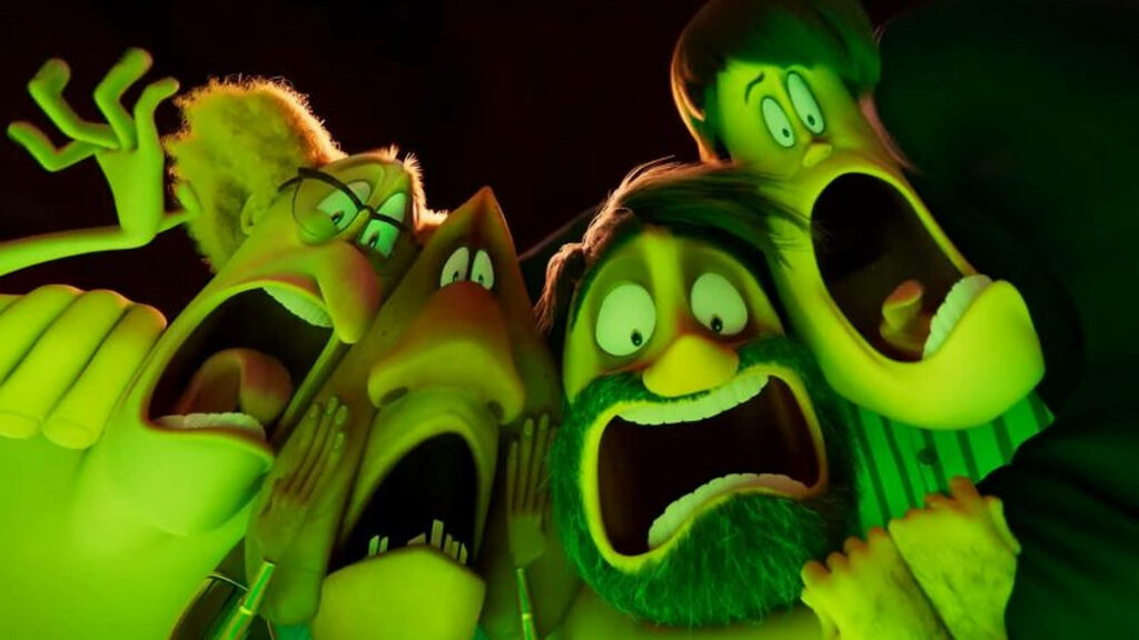 Startling Transformation: Hotel Transylvania Transformania Cast Reacts Amidst Vibrant Green-Lit Backdrop Wallpaper