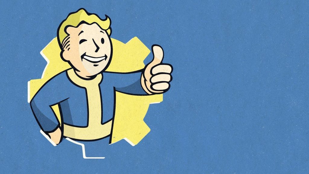 Fallout 4 Vault Boy thumbs-up retro wallpaper iconic mascot blue yellow suit bright background