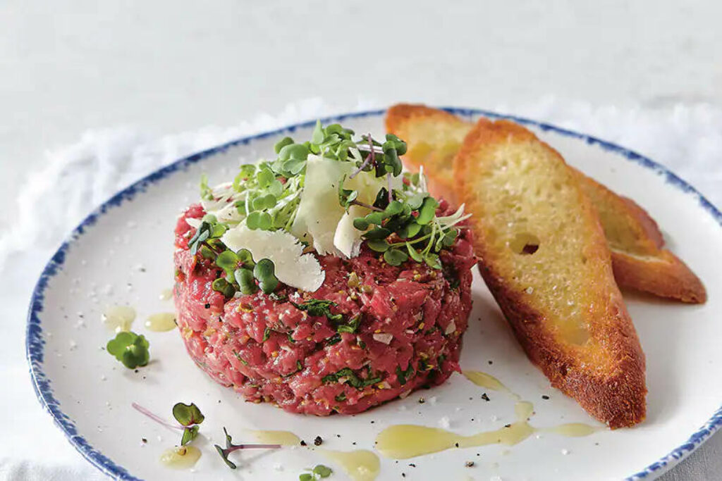 Steak Tartare with Microgreens & Parmesan: Elegant Wallpaper Design