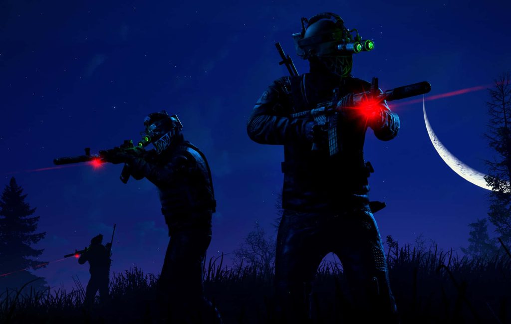 Three operators in night vision gear with laser rifles stealth in a moonlit Rust forest wallpaper