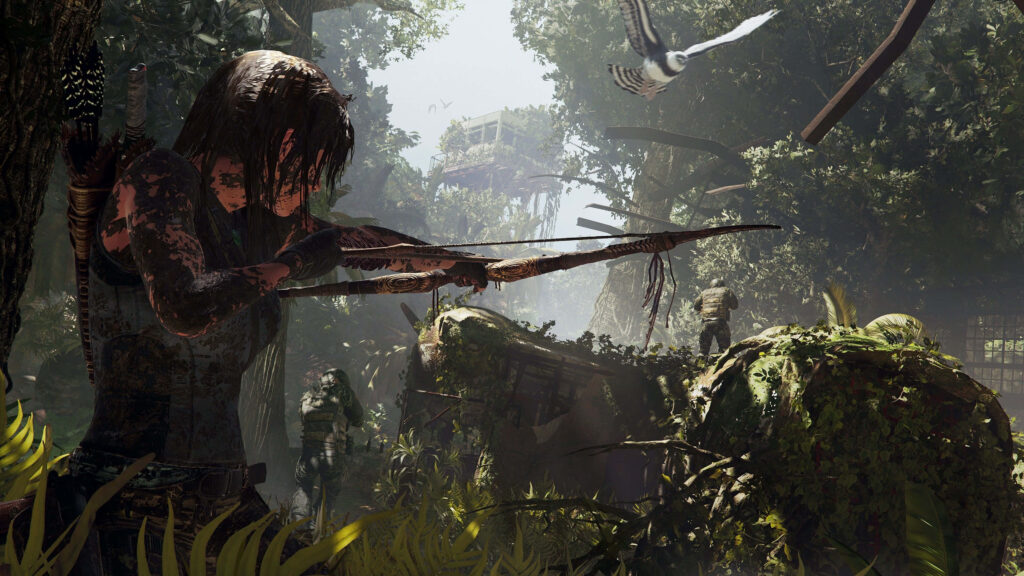 Lara Croft Blending into the Jungle: Ambushing with a Bow in 4K Quality. A Thrilling Snapshot from Shadow of the Tomb Raider. Wallpaper