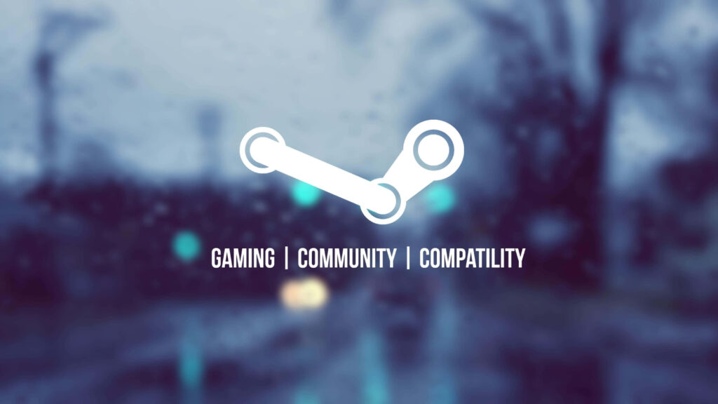 Steam logo wallpaper with blurred city background emphasizing gaming community and compatibility