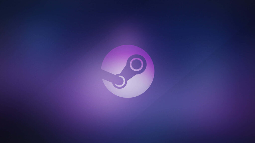 Steam platform logo on vibrant purple blue gradient background gaming wallpaper design