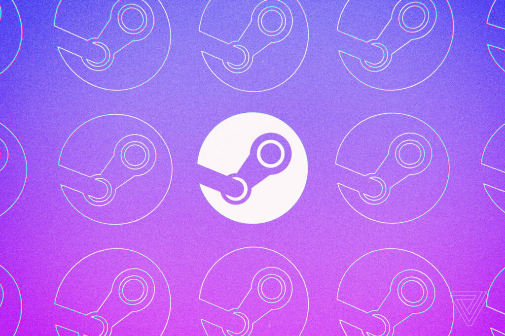 Steam platform logo pattern on vibrant purple gradient background gaming wallpaper design