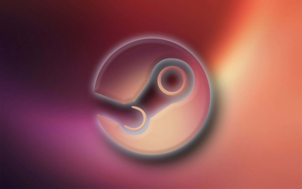 Steam platform logo on warm red orange purple gradient background modern desktop wallpaper