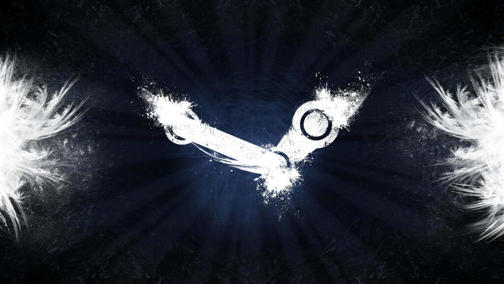 Steam Platform logo white paint splatter on dark textured background gaming wallpaper design