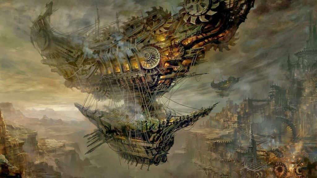 Steampunk Airships: Futuristic Gray Gear Spaceship in HD Wallpaper