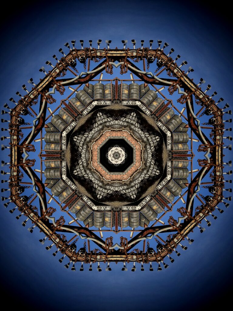 Steampunk Fractal Wallpaper: Intricate Hexagon Design on Blue Background