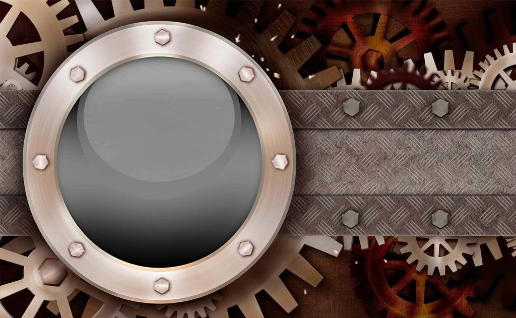 Steampunk gears wallpaper with polished metal porthole on industrial diamond plate background