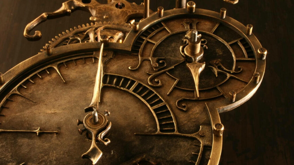 Vintage steampunk golden clock wallpaper with intricate antique gears and detailed roman numerals