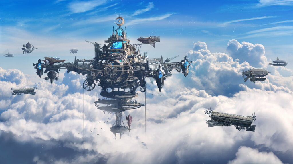Steampunk Heaven: A Majestic Gray Aircraft Sailing Through Clouds in a HD Wallpaper Artwork