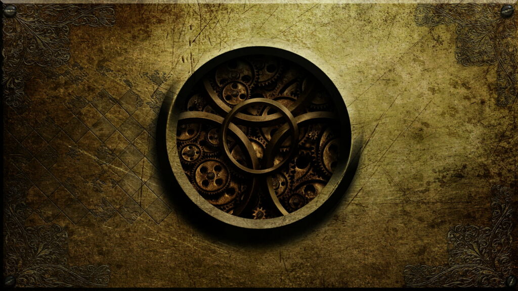 Steampunk Mechanic: The Gears of Artistry - A Striking HD Wallpaper Illustration depicting a Round Gray Logo with Intricate Mechanics