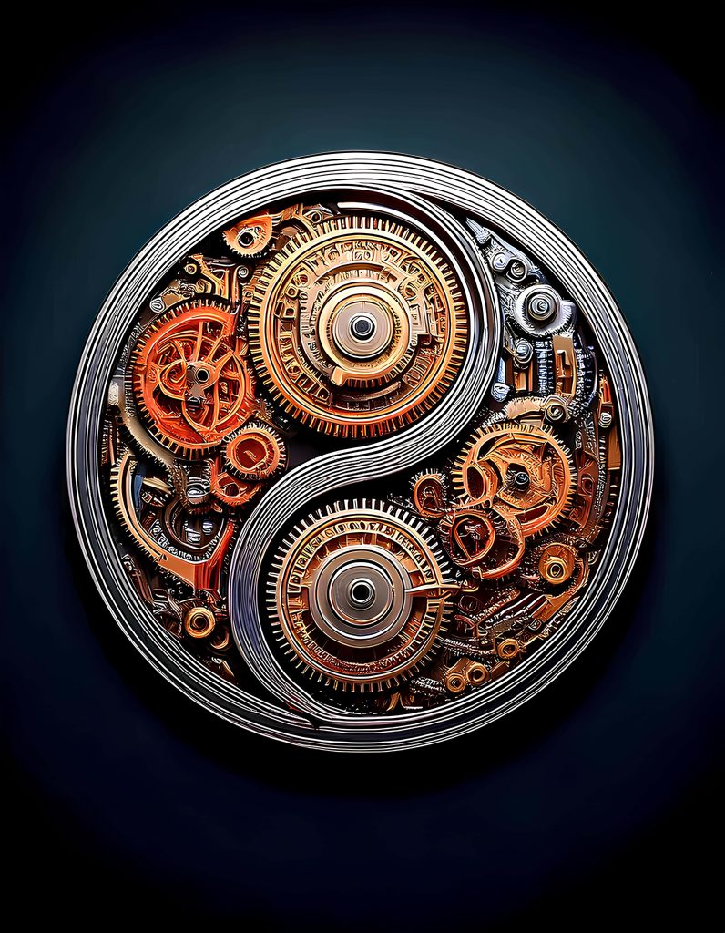 Steampunk Yin Yang design with bronze and gold gears on dark industrial digital art background Wallpaper