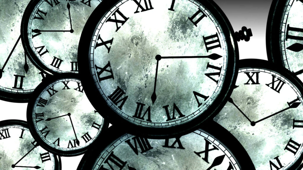 Steins Gate wallpaper with overlapping Roman numeral clocks and cool grunge sci fi design background