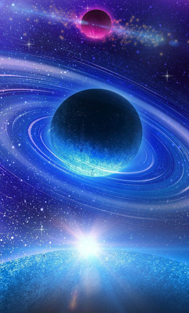 Blue World Delight: 4K Phone Background with Planetary Rings Wallpaper