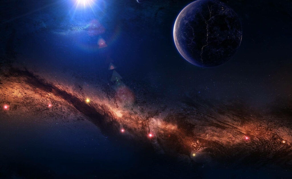 Stellar Majesty: A Captivating Extraterrestrial Scene of Glowing Cosmic Dust and Enigmatic Planetary Beauty Wallpaper