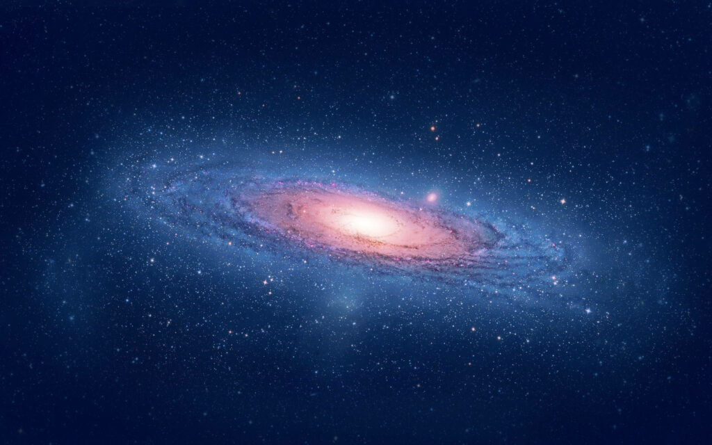Andromeda Galaxy spiral with violet blue hues glowing in deep indigo starry space wallpaper
