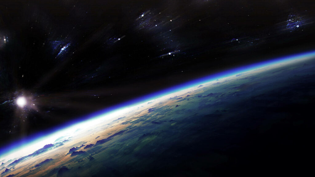 Earth's Majestic Glow: Nasa's Breathtaking View from Outer Space, Adorned with Twinkling Stars and Dazzling White Speckles Wallpaper