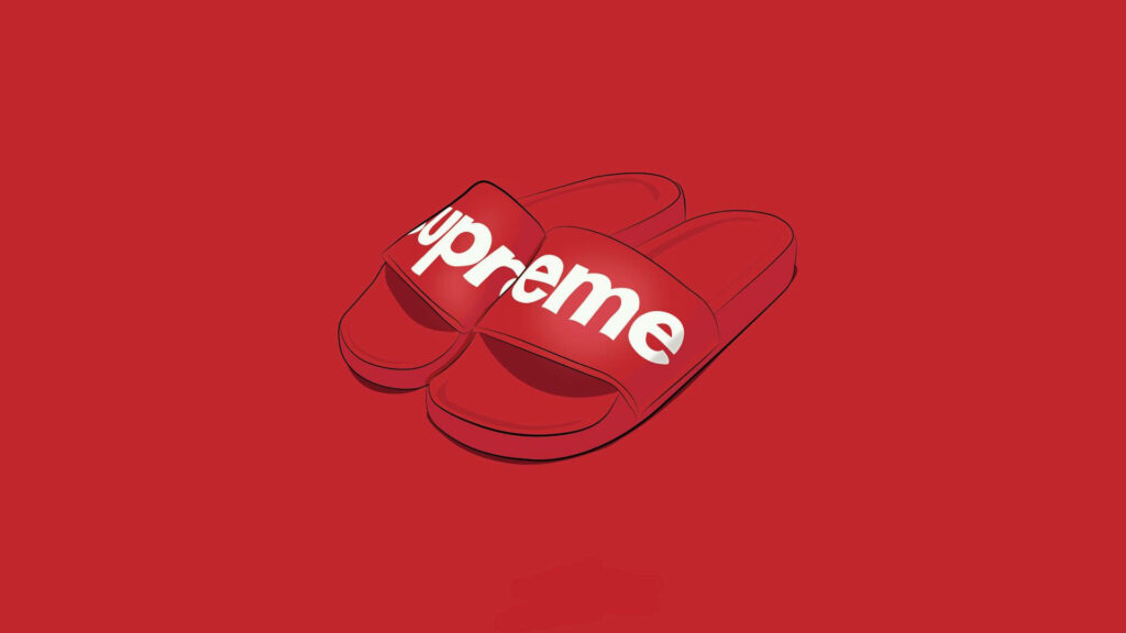 Minimalist red Supreme slide sandals digital illustration on bold red background wallpaper