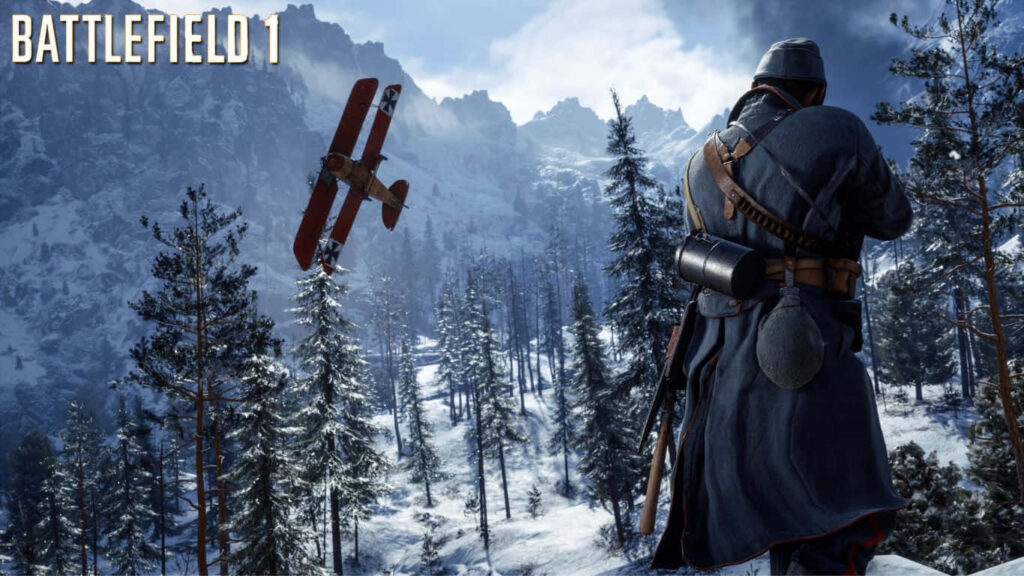 Vintage Battlefield 1 Soldier Observing Biplane Above Snowy Mountain Battlefield - Game Title Displayed - Action Scene - Background Photo Wallpaper