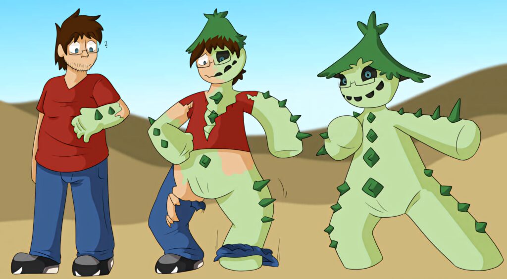 Man in casual clothes gradually transforms into green cactus Pokémon Cacturne in desert wallpaper