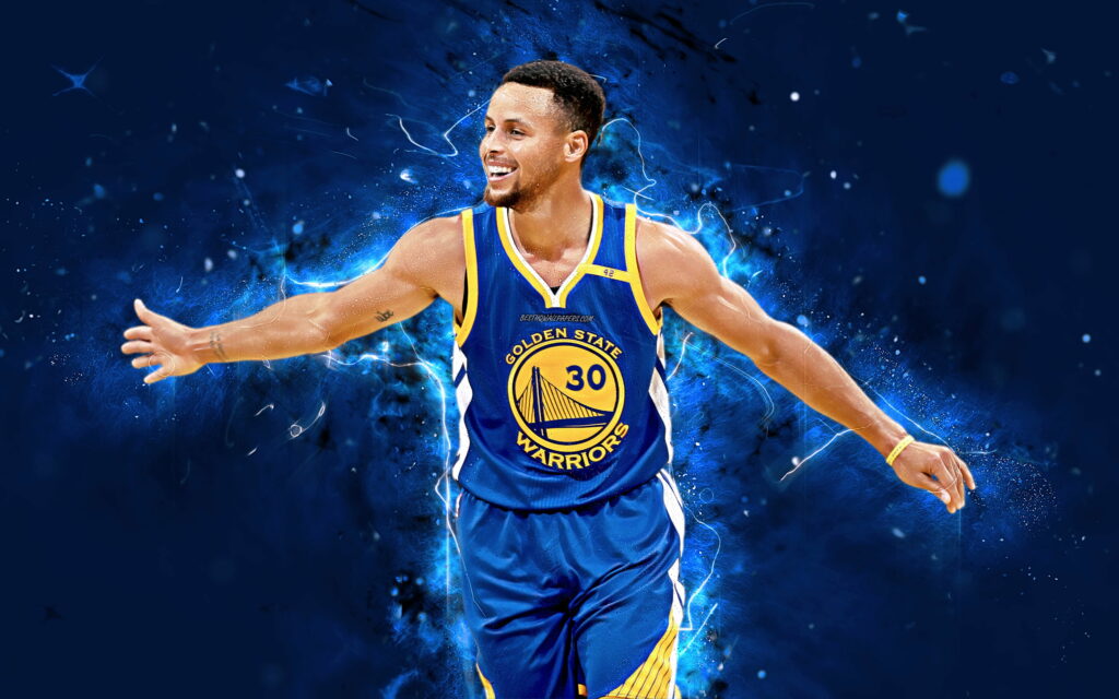 Neon Splendor: Stephen Curry Dominating the Abstract Basketball Cosmos Wallpaper