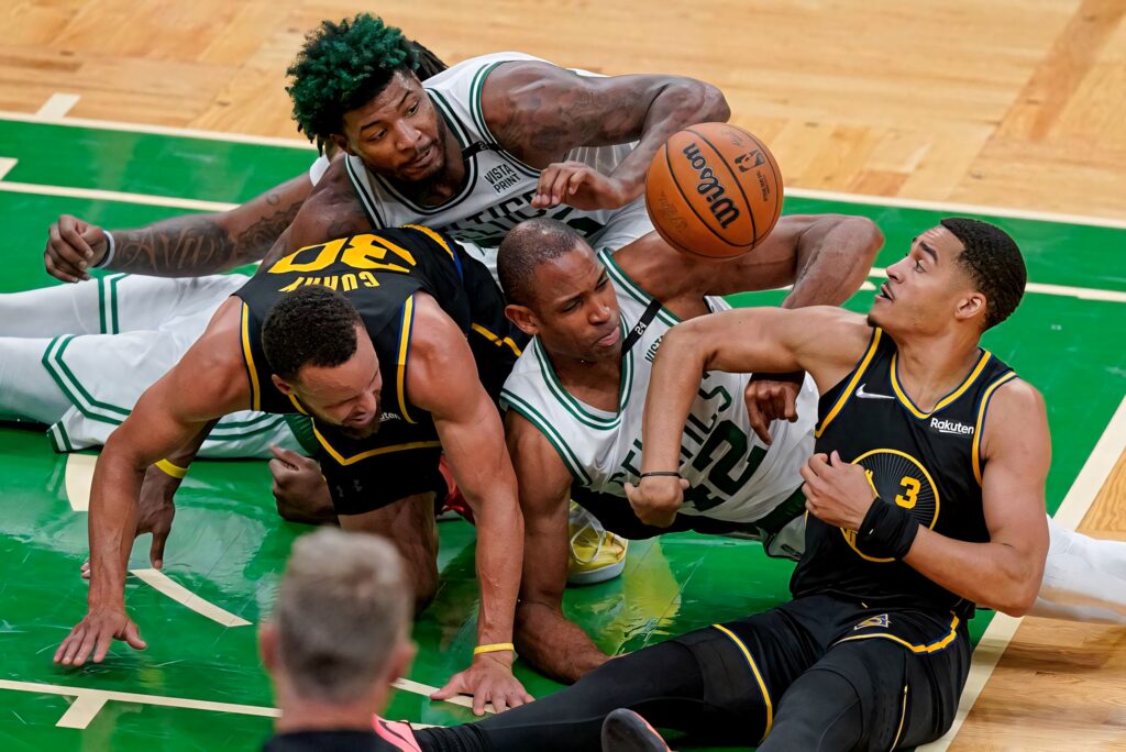 NBA action wallpaper with Curry Horford Smart Poole diving for loose ball Warriors Celtics