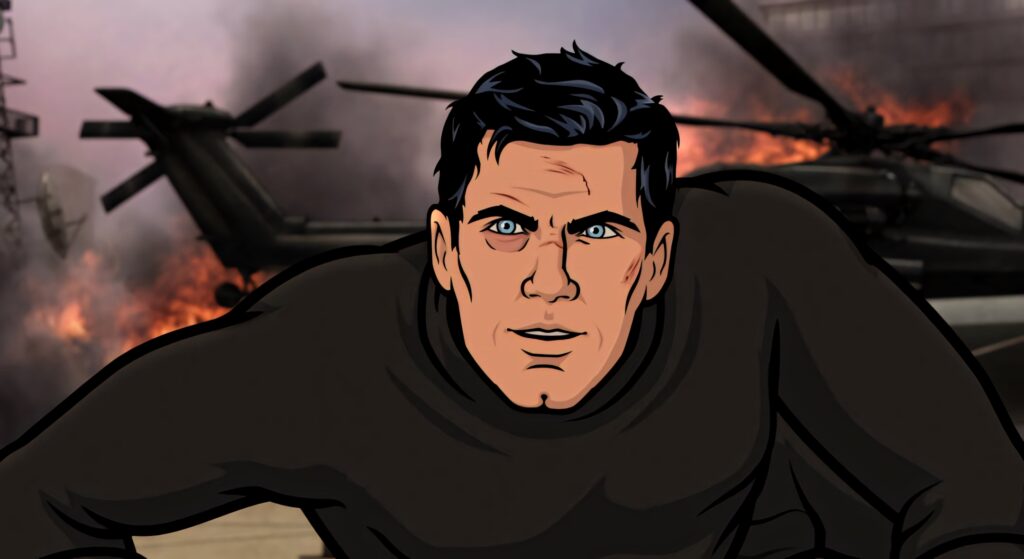 Sterling Archer intense expression with helicopters and fire action backdrop Archer series wallpaper