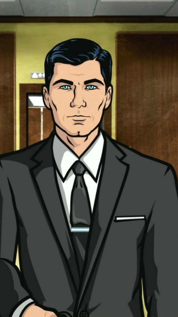 Sterling Archer in sharp black suit and tie with serious expression animated wallpaper background