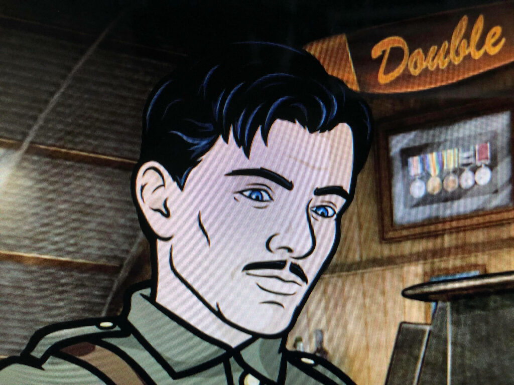 Close-up of Sterling Archer with military medals and rustic bar sign animated wallpaper background
