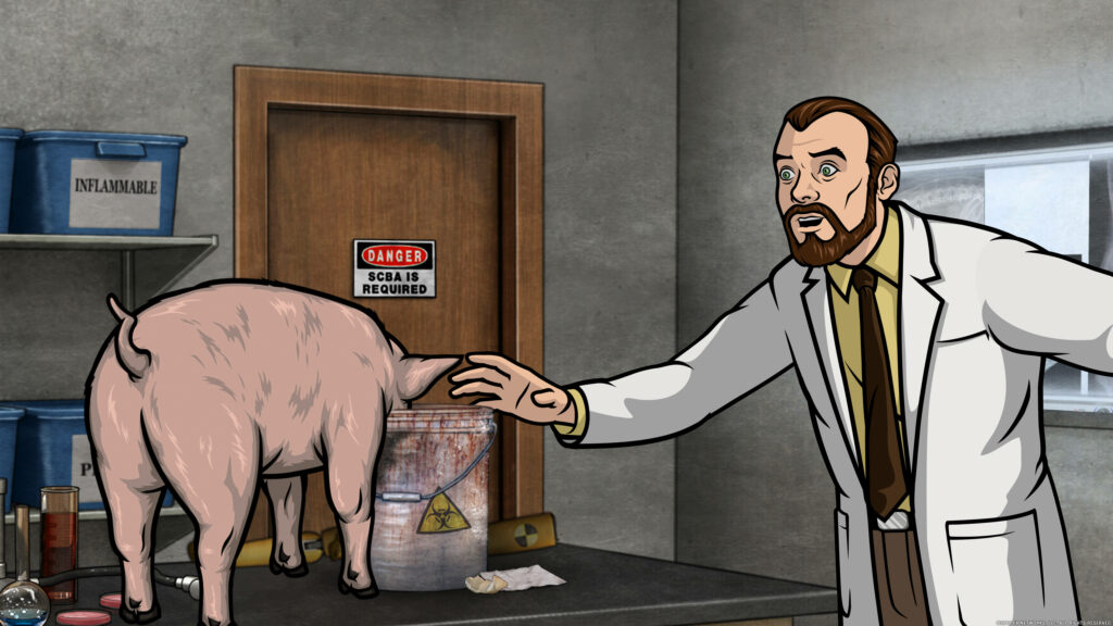 Sterling Archer reaching toward curious pig by suspicious bucket in lively laboratory wallpaper