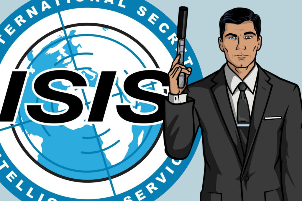 Sterling Archer in sharp suit holding gun with serious look in front of ISIS agency logo wallpaper