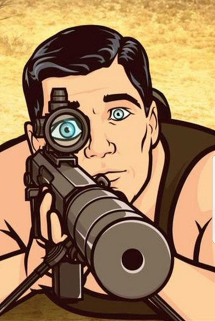 Sterling Archer aiming sniper rifle intense focus bold animated Archer wallpaper background