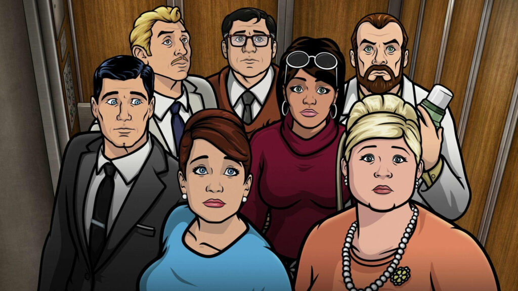 Sterling Archer and team trapped in elevator looking up anxiously iconic Archer wallpaper
