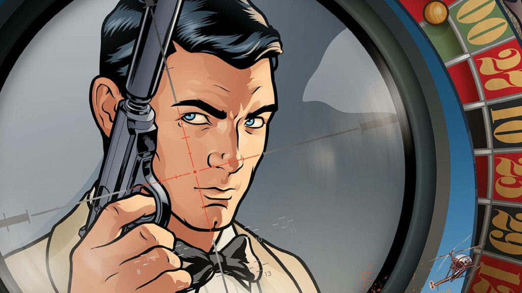 Sterling Archer tuxedo with silenced pistol framed by sniper scope roulette wheel background wallpaper