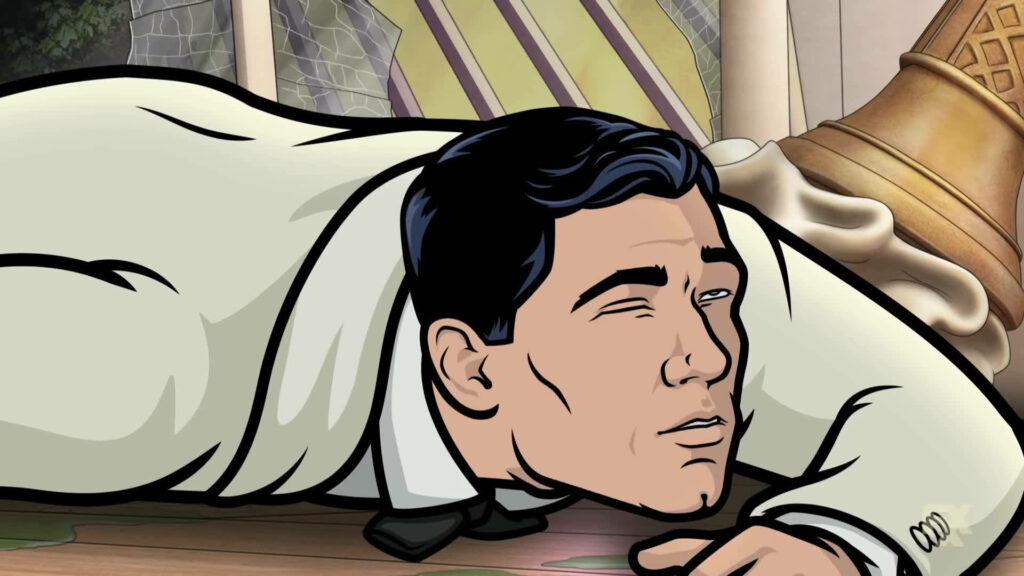 Sterling Archer in white suit lying on ground animated style humorous dramatic Archer series wallpaper
