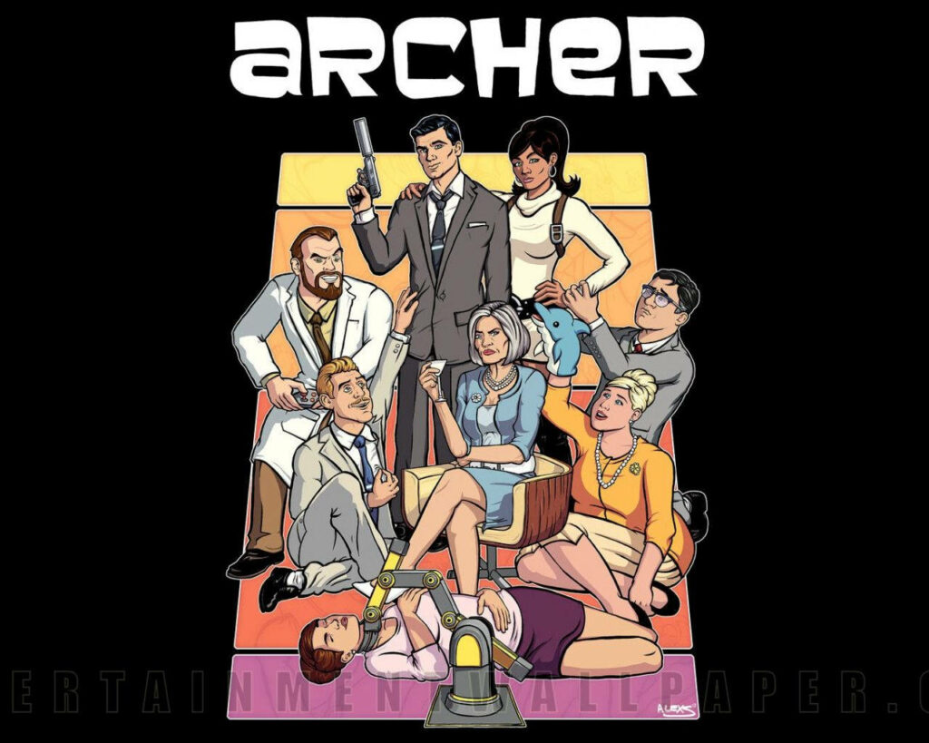 Sterling Archer and main cast dynamic poses vibrant Archer animated series wallpaper background