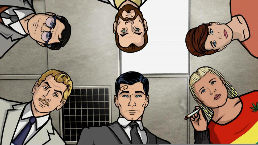Sterling Archer and main Archer cast in dramatic pose wallpaper for Archer series fans background