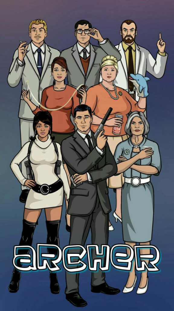 Archer wallpaper with Sterling Archer and main characters posing on stylish gradient background