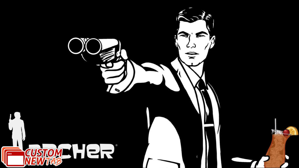 Sterling Archer in sharp suit aiming double-barrel gun bold intense Archer wallpaper background