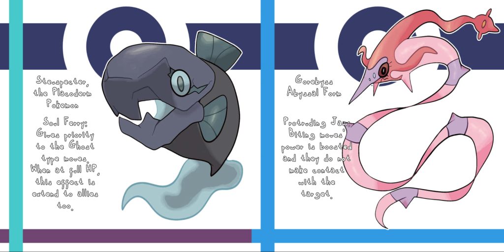 Split-screen fan art of armored Steuspecter and custom Abyssal Form Gorebyss Fakemon wallpaper