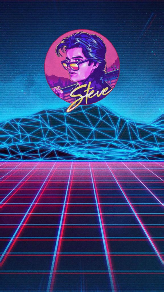 Steve Harrington Stranger Things retro synthwave wallpaper neon mountains grid floor background