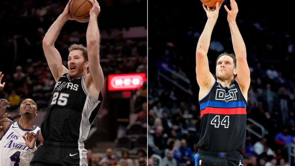 Dynamic split wallpaper of NBA stars Steve Kerr and Bojan Bogdanović showcasing basketball skills