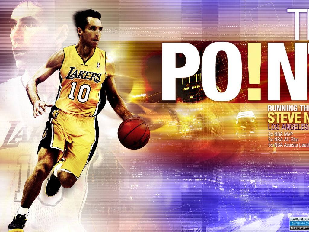 Steve Nash Lakers jersey dribbling basketball dynamic digital sports wallpaper cityscape background