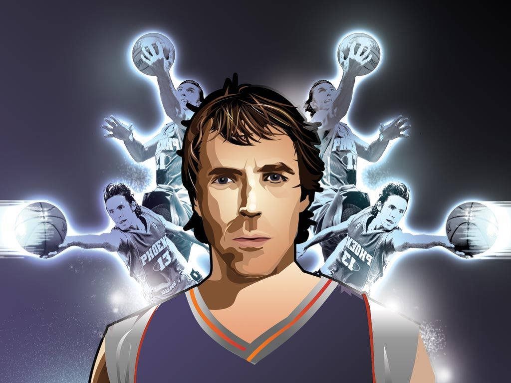 Steve Nash vibrant animated portrait with glowing basketballs and dynamic Phoenix Suns action silhouettes Wallpaper