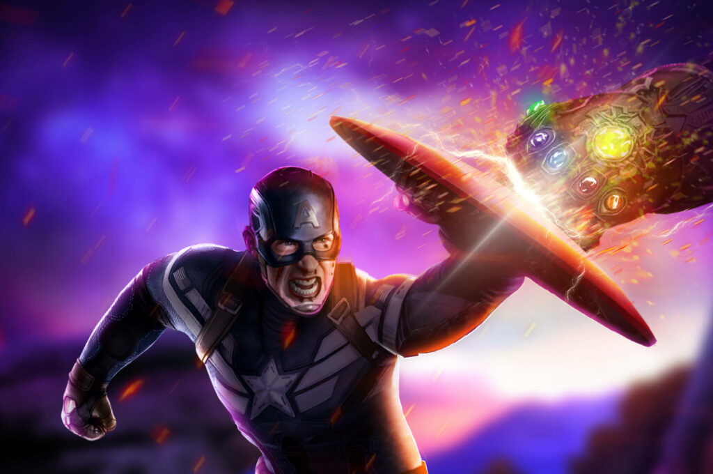 The Unwavering Hero: Steve Rogers Defying Thanos in Epic Avengers Endgame Showdown Wallpaper