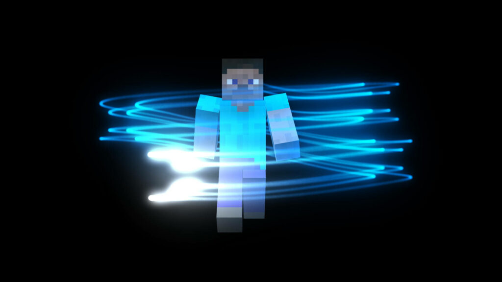 Minecraft Steve walking with glowing blue light trails on sleek black background wallpaper
