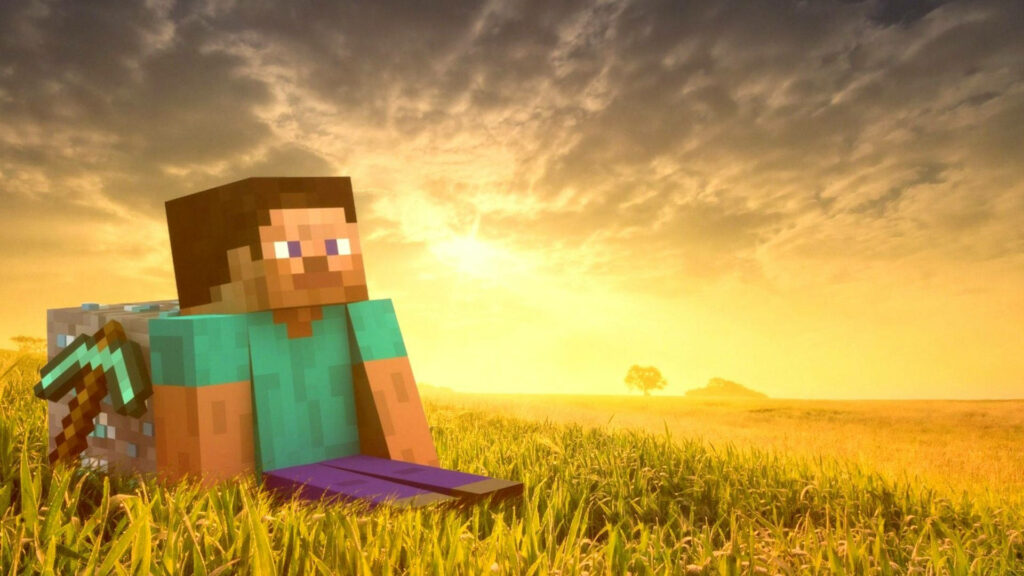 Minecraft Steve resting in lush field at sunset holding diamond pickaxe HD wallpaper background