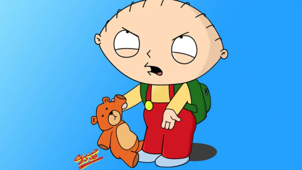 Stewie Griffin from Family Guy in red overalls holding teddy bear on bright blue background wallpaper